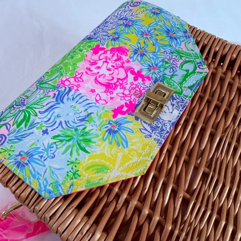 Lilly Pulitzer Wicker Wine‎ Picnic Basket Shoulder Bag Pink Floral Straps NWOT